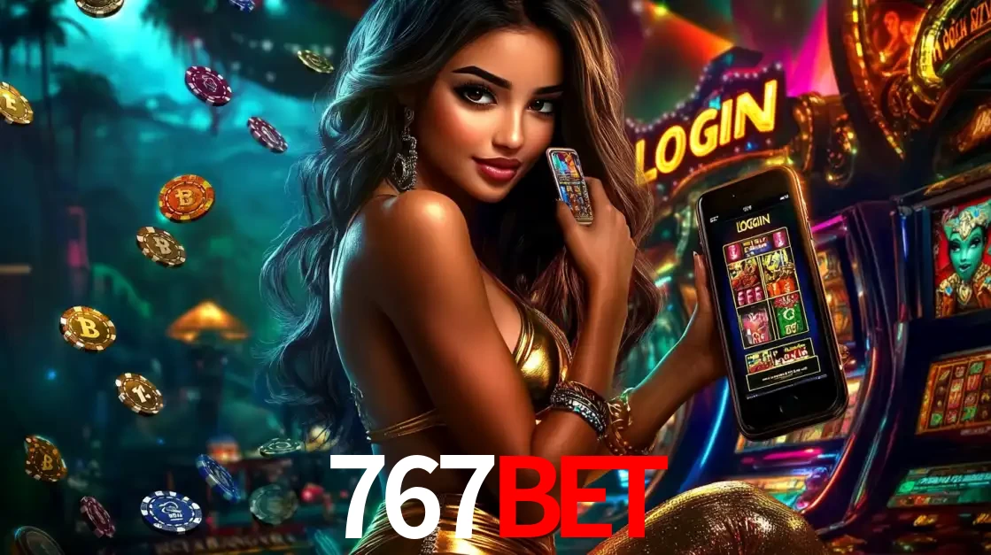 Mulher em um cenário de cassino temático de aventura, mostrando o app de caça-níqueis da 767BET no celular. Fichas de apostas flutuam ao redor.