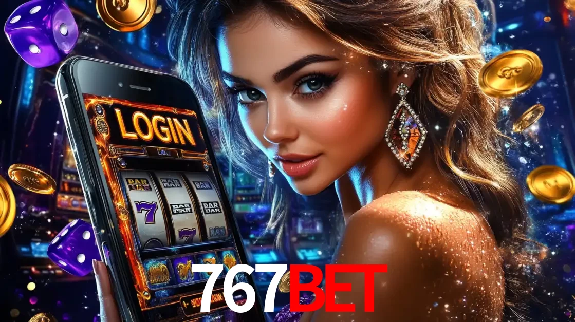 Mulher glamorosa segurando um smartphone com a tela de login para os jogos de caça-níqueis do cassino online 767BET, com moedas de ouro e dados ao redor.